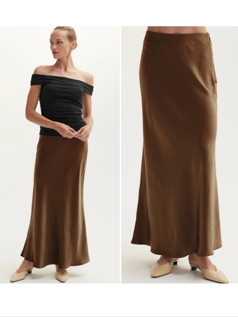 Crescent Gabrielle Crushed Satin Maxi Skirt Bias Cut Espresso Medium